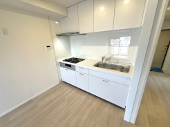 手を伸ばせばそこに収納が。安定した使用感の吊戸棚つきのキッチン空間。
