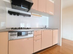 手を伸ばせばそこに収納が。安定した使用感の吊戸棚つきのキッチン空間。
