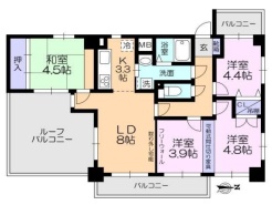 広いルーフバルコニーのあるお部屋です。