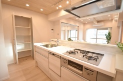 お料理をしながらリビングの家族やゲストとの会話が楽しめるカウンタータイプのキッチン。毎日のお料理を楽しく快適に。
