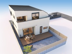 建物の完成イメージです。リビングからつながるウッドデッキが魅力的な邸宅です。