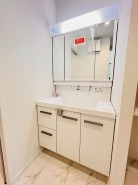 三面鏡に洗面台。
コンセントに照明機能、多機能性を備えた設備です。

