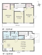 2階の3つの個室は、それぞれにゆとりのある広さを確保。1階は、家族が集まるリビング・ダイニング・キッチンを中心に、水回りを機能的に配置し