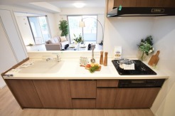 お料理をしながらリビングの家族やゲストとの会話が楽しめるカウンタータイプのキッチン。毎日のお料理を楽しく快適に。
