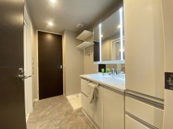 三面鏡にハンドシャワー付き、 使いやすい洗面台。
