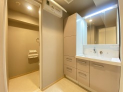 たっぷりの収納を設けたシャワー付洗面台で快適な暮らし。
