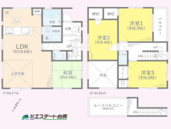 吹抜けで明るいリビングとウォークインが2カ所ある使い勝手の良い間取りです。