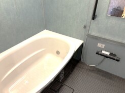 落ち着いた水色の壁に囲まれた、くつろぎのバスタイムを