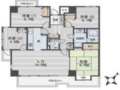 南東と南西の角部屋、4LDKの間取り。