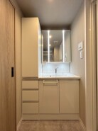 収納豊富な三面鏡付洗面化粧台。水回りのあれこれがキレイに収まりそうですね。
