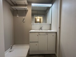 三面鏡を採用した洗面化粧台。鏡の裏にも収納スペースがあります。