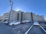 青空の下、整然と並ぶ駐車スペースと緑豊かな低木が調和する住まい