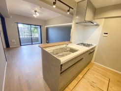 お料理をしながらリビングの家族やゲストとの会話が楽しめるカウンタータイプのキッチン。毎日のお料理を楽しく快適に。