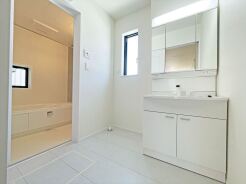 三面鏡にハンドシャワー付き、 使いやすい洗面台。