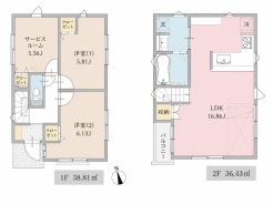 建物参考プラン
1F:38.31平米、2F:36.43平米、参考価格1,330万円(税込)